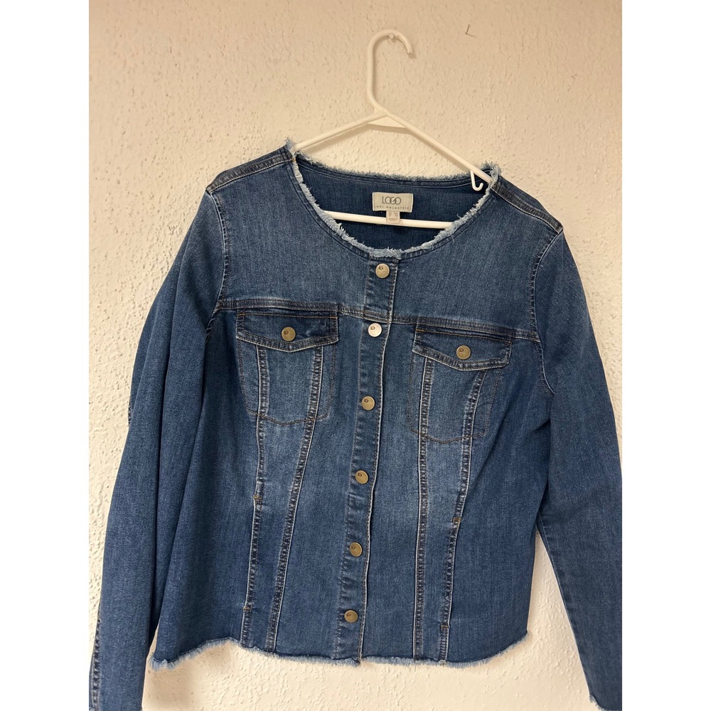 LOGO Lori Goldstein Raw Edge Denim Jacket Medium Wash Blue 18W